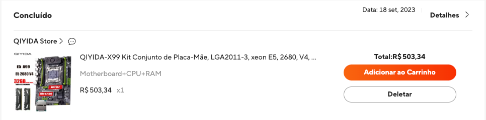 Screenshot of the AliExpress order history: the QIYIDA X99 kit with motherboard, processor and memory, completed on 18 September 2023, totalling R$ 503.34.