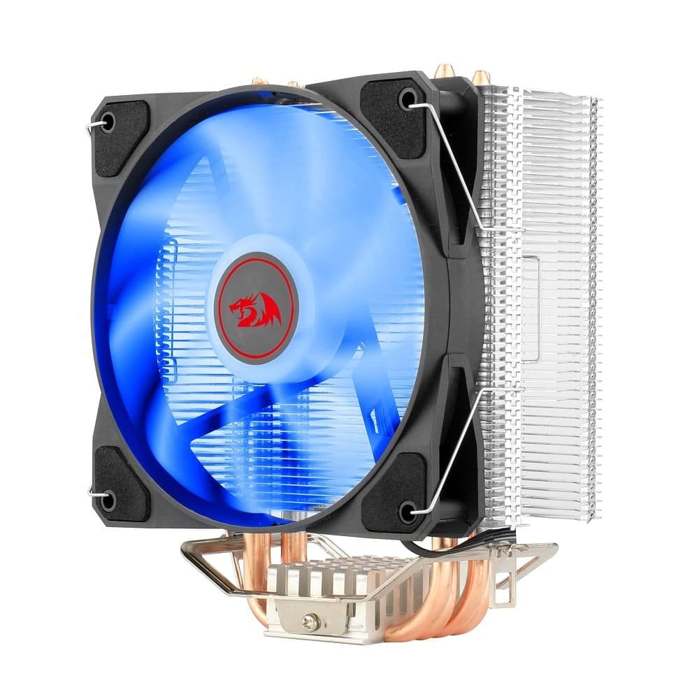 Redragon TYR cooler with a blue LED fan, aluminium fin stack and four copper heat pipes showing at the base.