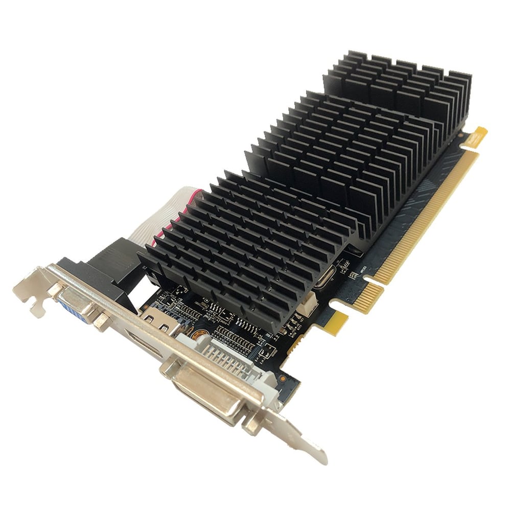 AFOX Radeon R5 220 graphics card, low profile, with a black passive heatsink and VGA, DVI and HDMI outputs.