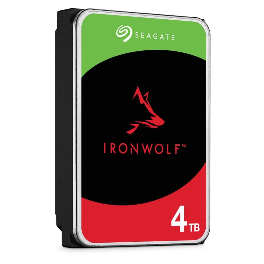 Seagate IronWolf 4 TB hard drive, 3.5 inch, with its black, green and red label and the stylised wolf.