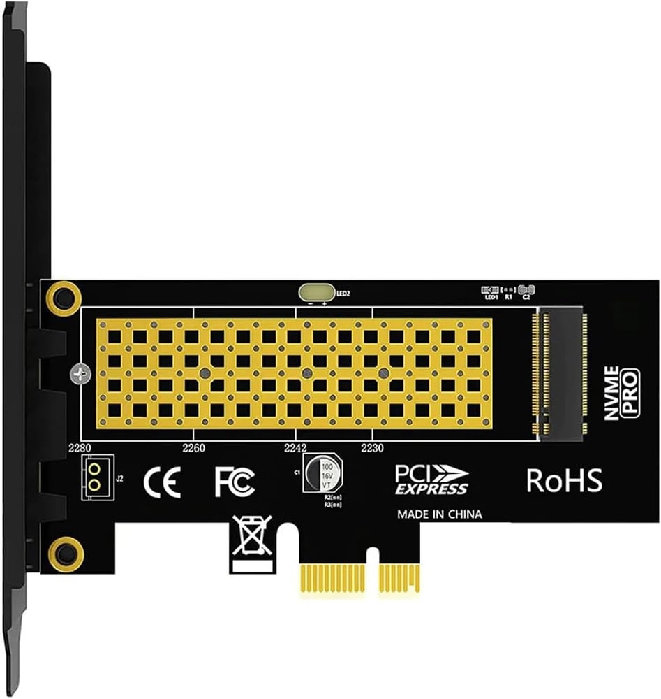 M.2 NVMe to PCI-e adapter card, black, with a gold heat-spreader pattern and the M.2 connector on the right-hand end.