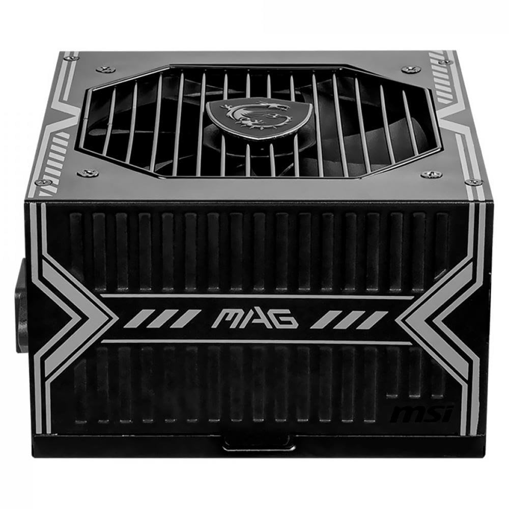 MSI MAG A550BN power supply seen from above, black with grey detailing and the 120 mm fan under the grille.