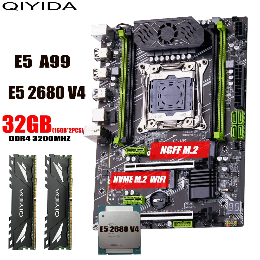 Listing photo of the QIYIDA X99 kit, showing the motherboard, the Xeon E5-2680 v4 and two DDR4 memory sticks, covered by the ad's red callouts.