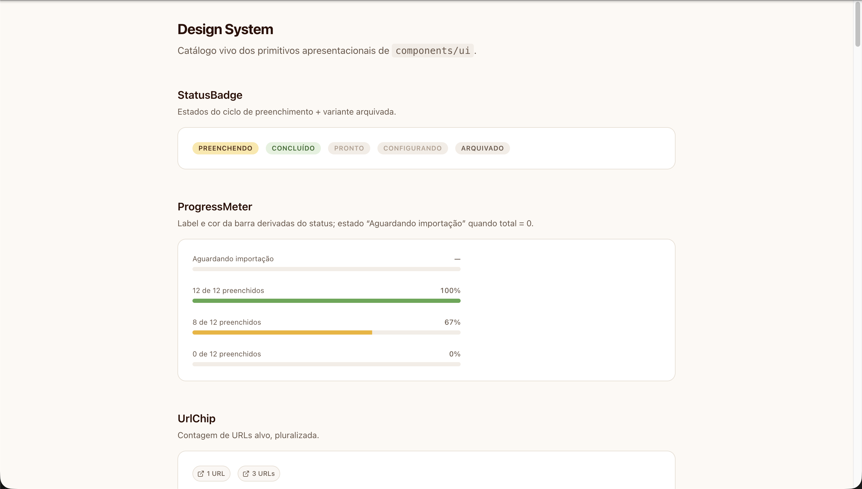 Populatte's design system page, the living catalog of components, showing StatusBadge and ProgressMeter variants.