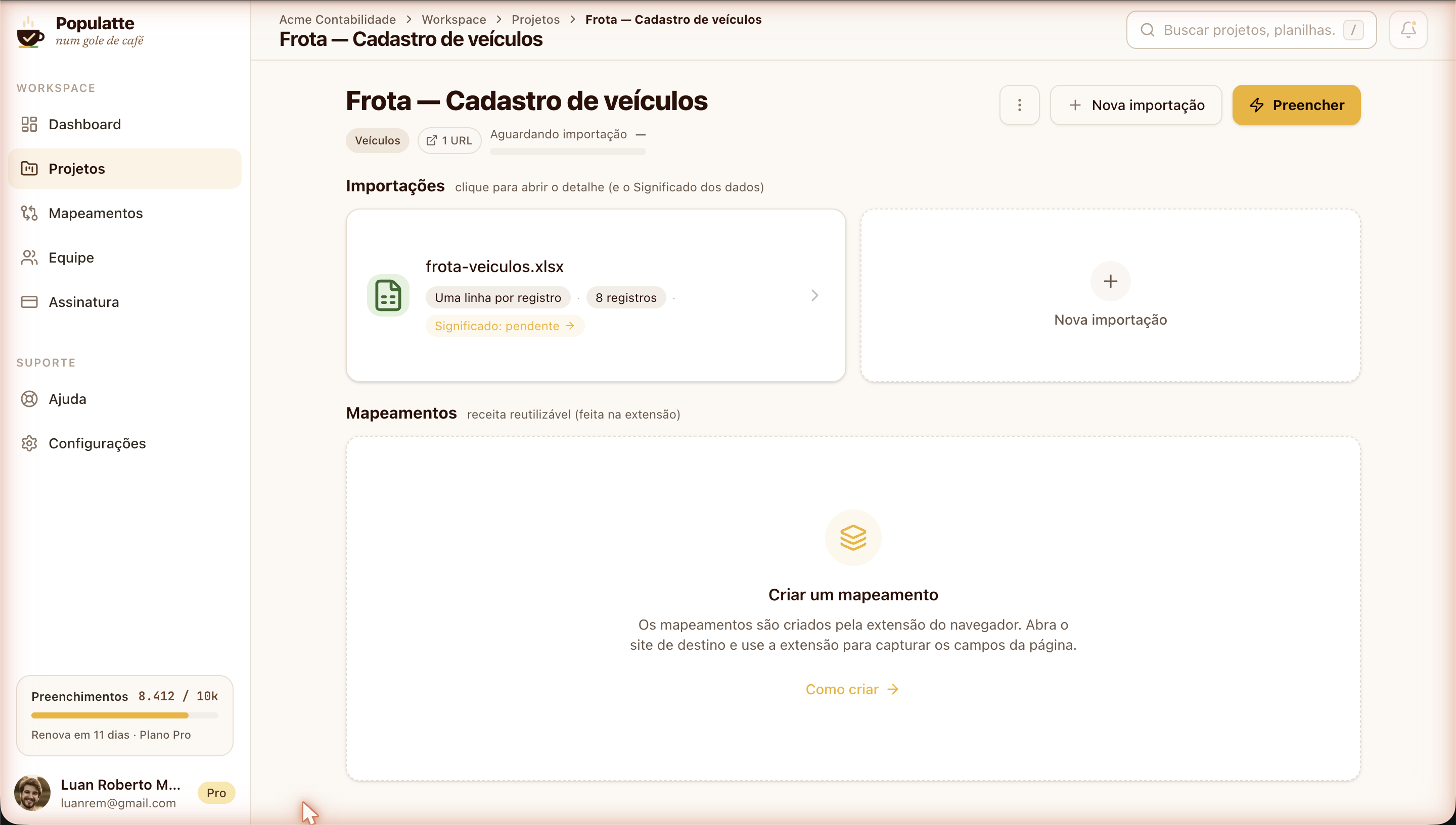 A project detail screen in Populatte, with the frota-veiculos.xlsx import flagged as meaning pending and the mappings block still empty.